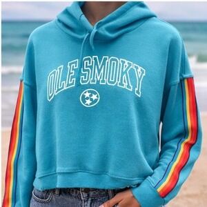 Ole Smoky Tennessee Moonshine Turquoise Cropped Hoodie Rainbow Stripe Womens L